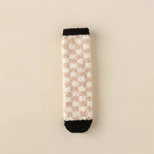 Thick coral fleece socks with checkerboard pattern for warm winter home wear