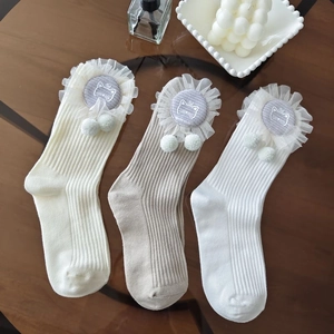 Sweet Kids Cotton Mid-Calf Socks With White Lace Trim Pompoms Cat Patch Ribbed Knitted Decorative Stockings For Toddlers Infants