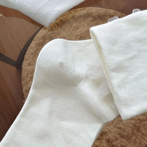 Detail of cream knit socks featuring delicate lace ruffled trim and vertical ribbing texture