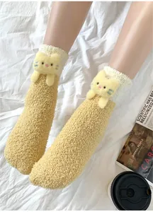 Thick yellow coral fleece socks with 3D cute kitten plush toy detail for women