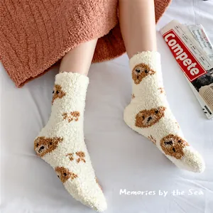 Thick coral fleece socks featuring cute bear patterns for cozy winter home wear