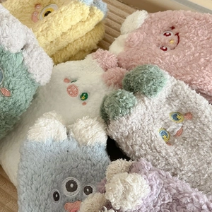 Thick coral fleece winter socks with cute cartoon embroidery in various pastel colors