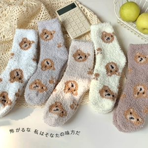 Five pack of thick coral fleece winter socks with cute bear embroidery in neutral colors