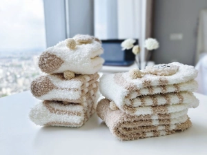 Thick coral fleece striped socks with 3D cartoon bear ears and soft pom-poms