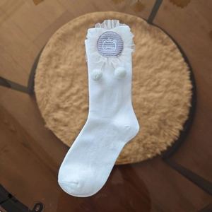 Detailed close-up of white Lolita socks with lace trim and cute 3D cat patch design