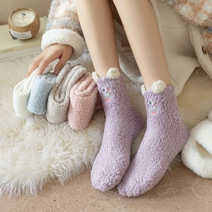 Thick coral fleece winter socks with cartoon hippo embroidery and fluffy 3D ears