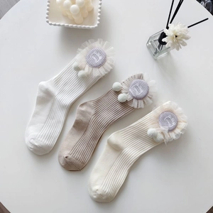 3-pack of white and beige ribbed mid-calf socks with lace trim and cartoon cat patches
