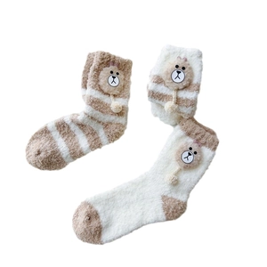 Thick coral fleece winter socks for women with brown stripes and cute 3D bear detail