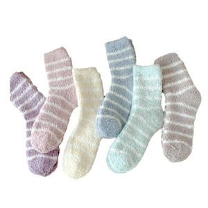 Women's warm coral fleece socks set with pastel stripes in six various soft colors