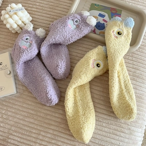 Cute cartoon coral fleece fuzzy socks in purple and yellow with funny 3D ear details