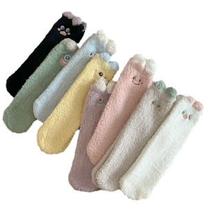 Thick coral fleece socks in 8 colors with cute cartoon faces and 3D ear accents
