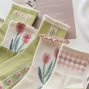 Fresh green cotton mid-calf socks with floral embroidery and lace trim for women