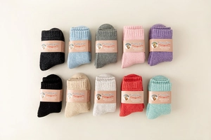 Flat lay of 10 pairs colorful wool socks set in assorted shades for winter warmth