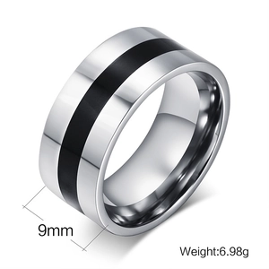Macro detail of 9mm wide stainless steel ring showing 6.98g weight and black band inlay