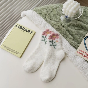 White coral fleece socks with pink flower embroidery for cozy winter home wear