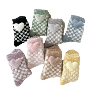 Thick checkered coral fleece socks with plush heart decor in eight assorted colors