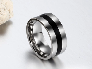 Macro shot of silver stainless steel band ring featuring a matte black center stripe