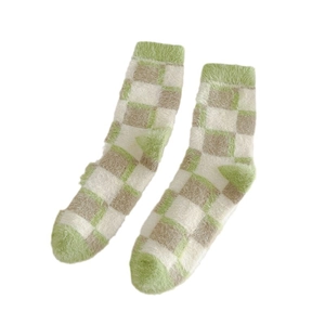 Thick mint green checkered mink velvet mid-calf socks for women in soft fleece material