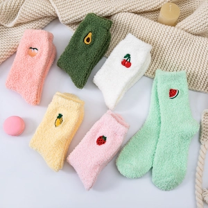 Women Thick Coral Fleece Sleep Socks Japanese Style Warm Fruit Embroidered Winter Fluffy Home Floor Socks Ladies Soft Hosiery