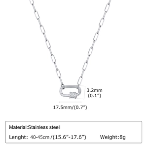 Detailed specs of stainless steel paperclip necklace with zircon oval pendant buckle