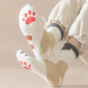 Women Cute Cat Claw Coral Fleece Sleep Socks Thick Warm Winter Home Floor Socks Non-slip Polyester Fuzzy Socks