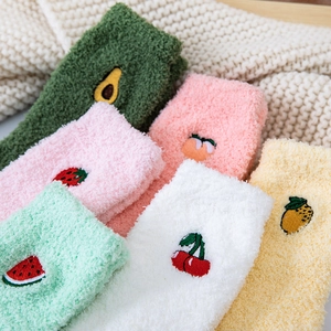 Thick coral fleece socks for women featuring colorful fruit embroidery and cozy texture