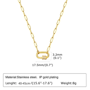Detailed view of U-shaped gold chain necklace with crystal-paved oval lock pendant