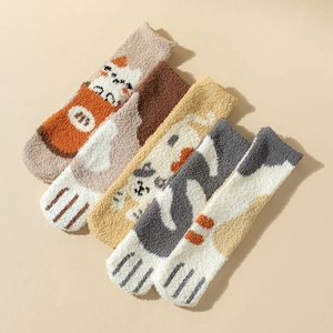 Fluffy coral fleece cat claw socks for women in four various patterns and cute designs