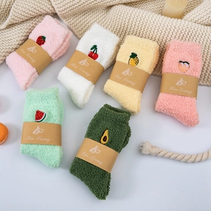Cozy winter coral fleece socks set with fruit embroidery and warm plush texture