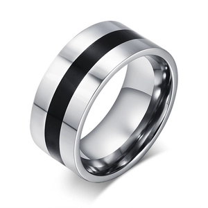 Minimalist Stainless Steel Band Ring With Black Stripe Enamel Polished Wide Finger Ring For Men Women Fashion Jewelry