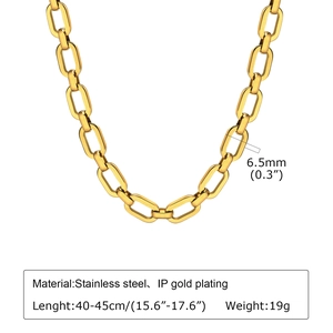 Detail view of 6.5mm gold stainless steel flat cross chain with product specifications