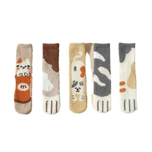 Five pairs of fluffy coral fleece cat paw socks in brown, beige, yellow, and grey tones