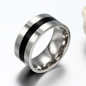 Polished stainless steel ring with a black enamel band viewed from a 45-degree angle