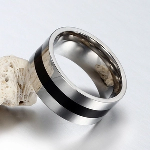 Brushed stainless steel ring with black enamel inlay, industrial minimalist style for men