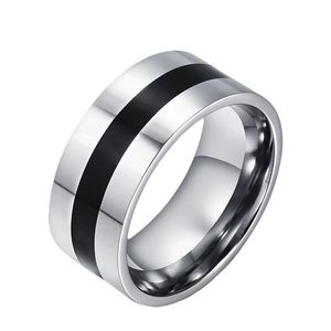 Polished silver stainless steel ring for men featuring a contrasting black epoxy inlay strip