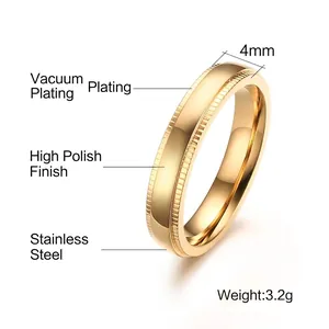 Bague en acier inoxydable plaqué or 4mm polie avec des bords texturés élégants