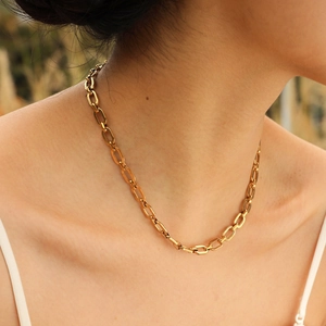 Close-up of 18K gold-plated paperclip chain necklace on neck showing polished finish