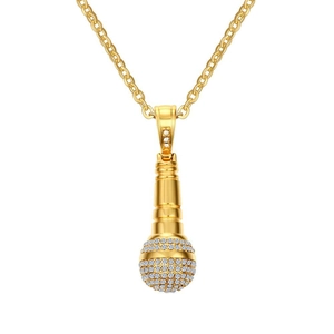 Collier Pendentif Microphone en Acier Inoxydable pour Hommes Hip Hop Avec Strass Bijoux Thème Musique Cadeau de Fête