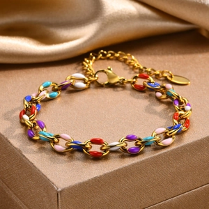 Detail of 18K gold-plated chain bracelet featuring multi-color enamel oval links