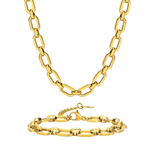 Polished 18K gold stainless steel cross chain necklace and bracelet jewelry set on white