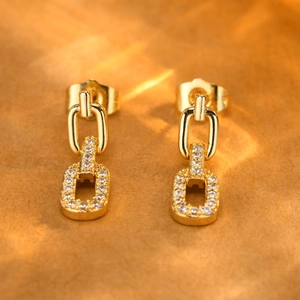 Gold Copper Zirconia Double Ring Chain Dangle Earrings Geometric Rectangle Inlaid Zirconia Drop Earrings For Women Jewelry