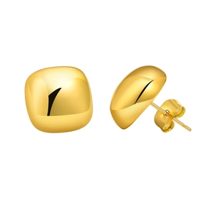 Polished 18K gold plated square cushion dome stud earrings for women on white background