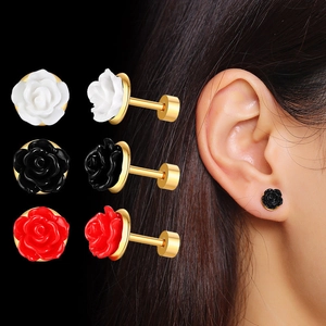 Elegant Titanium Steel Rose Flower Stud Earrings For Women Gold Plated Botanical Retro 3D Flower Jewelry Screw Back Earrings