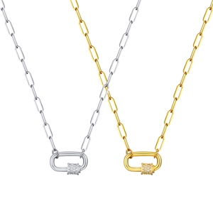 Paperclip chain necklaces in gold and silver finish with zircon encrusted lock pendants