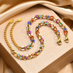 Fashion Stainless Steel 18K Gold Plated Colorful Enamel Link Chain Bracelet Simple Adjustable Hand Jewelry For Women Accessory