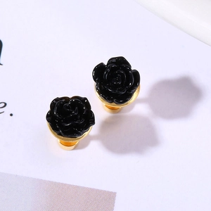 Elegant black rose stud earrings in titanium steel with gold-plated finish for women