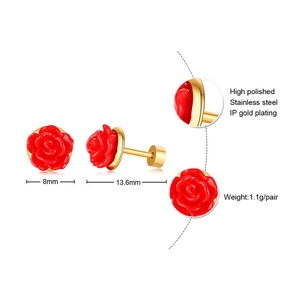 Elegant 8mm red rose stud earrings in titanium steel with 18K gold plating for women