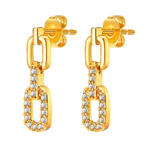 Elegant gold chain link earrings featuring sparkling zircon micro-paving on a white background