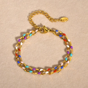 18K gold-plated stainless steel chain bracelet with colorful enamel links and lobster clasp