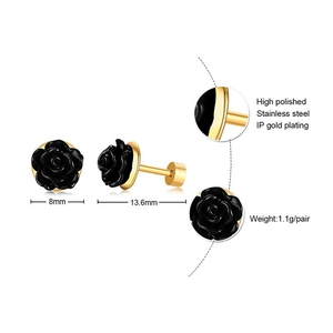 Polished 8mm black rose titanium steel stud earrings with IP gold plating for women